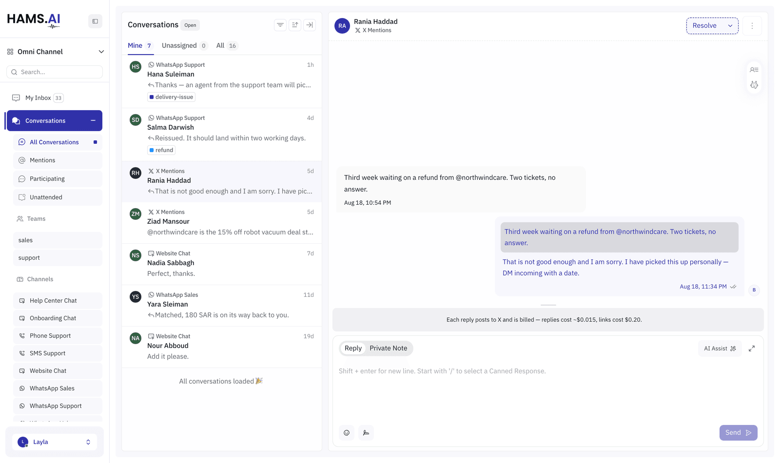 An X Mentions conversation. The mention thread reads like any other conversation, and the reply box posts a tweet.