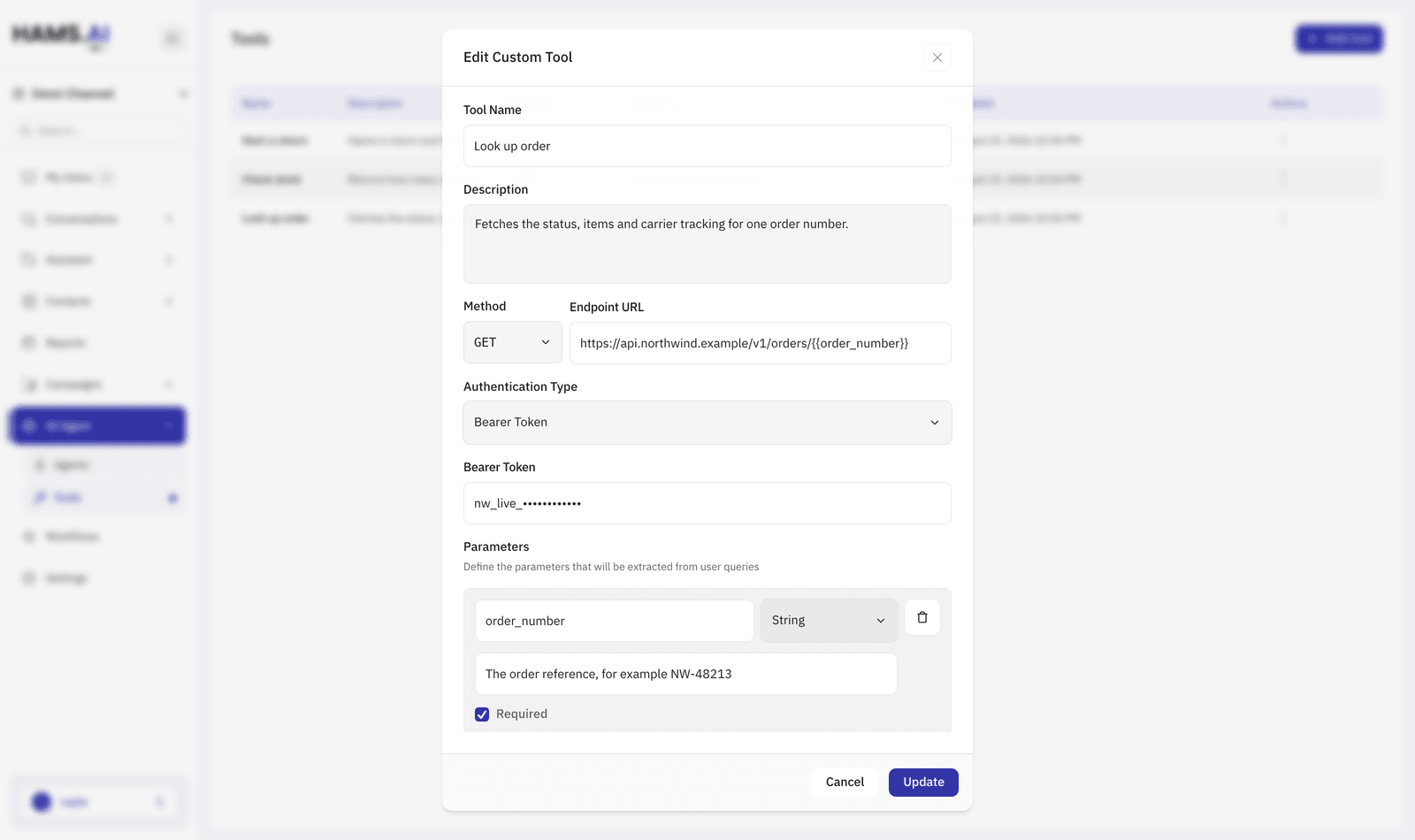 The custom tool editor: method, endpoint, authentication, and the parameters the agent extracts from the conversation.
