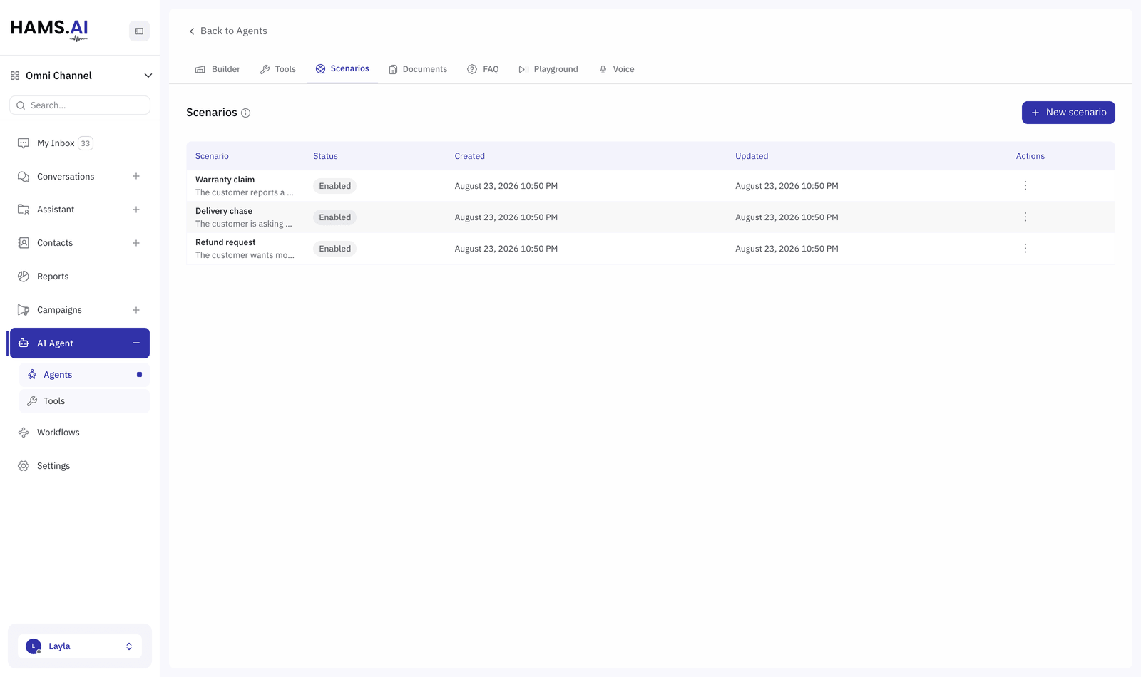 The Scenarios tab. Each scenario is a named sub-flow the main agent hands off to.