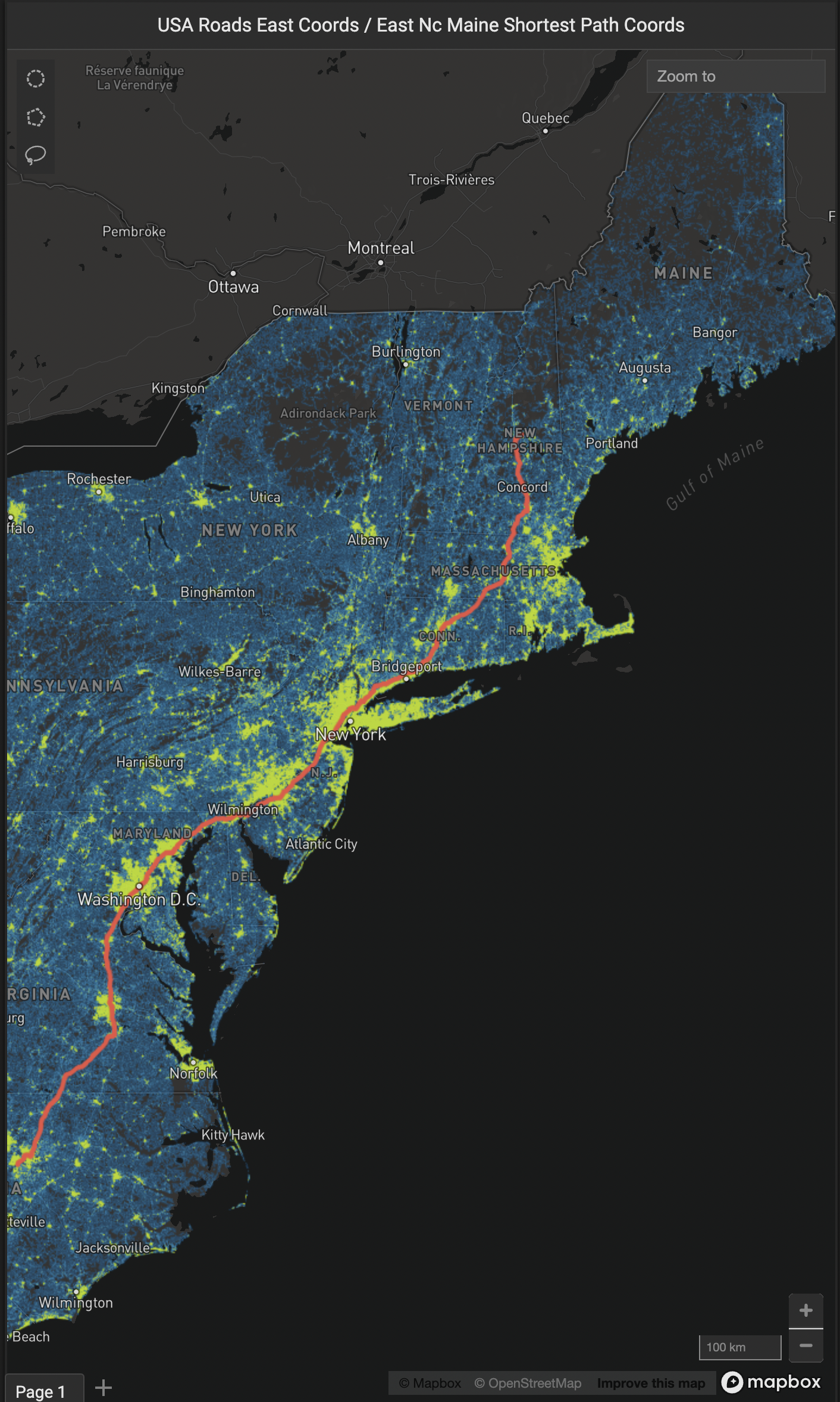 The computed shortest path along a time-traversal weighted road edge graph for the eastern US.