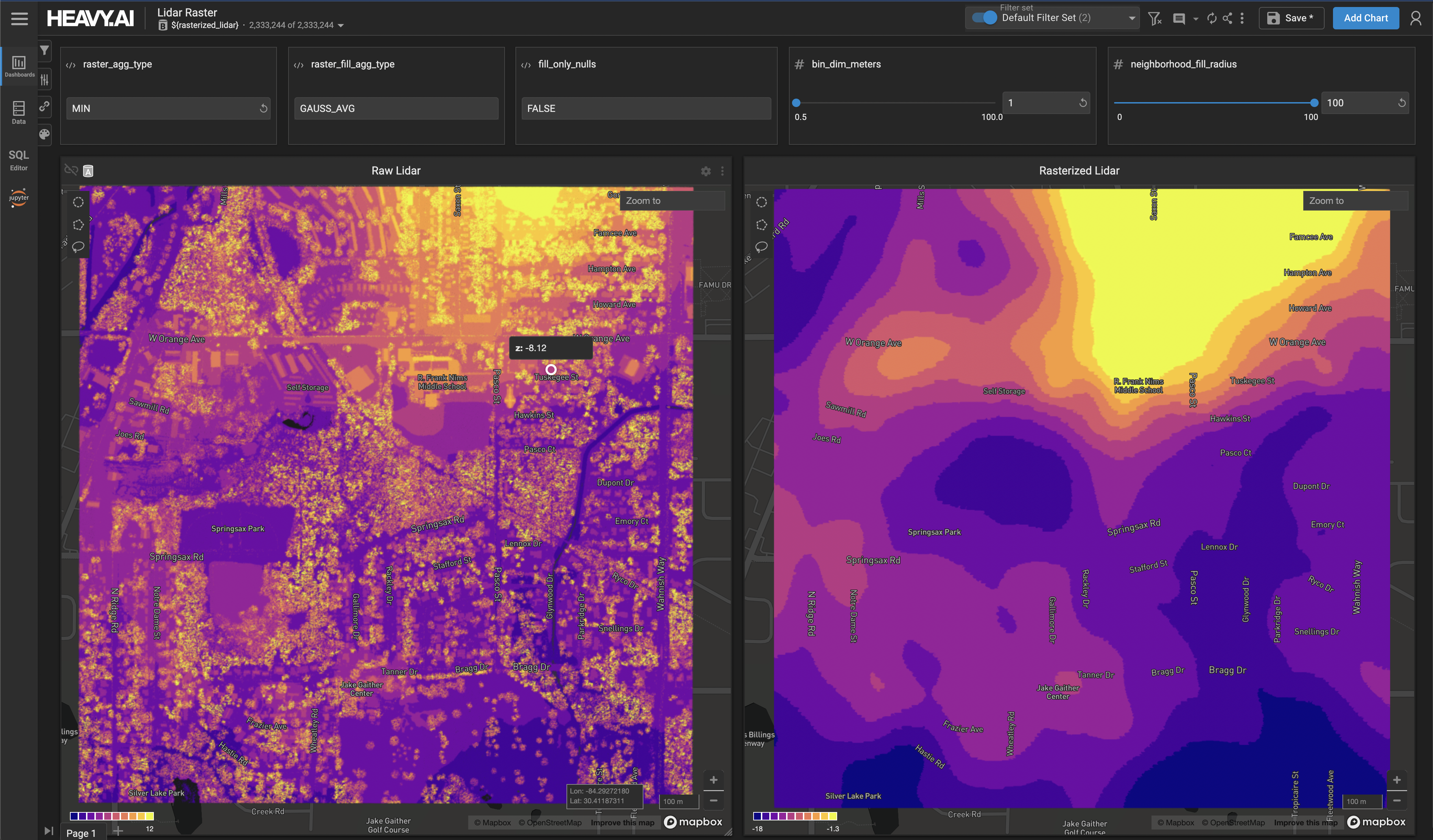 Heavy Immerse dashboard showing a raw Tallahasse LiDAR dataset on the left, and a smoothed version on the right using the min z values for each 1-meter binned cell of the LiDAR data, Gaussian-smoothed over the neighboring 100 cells.