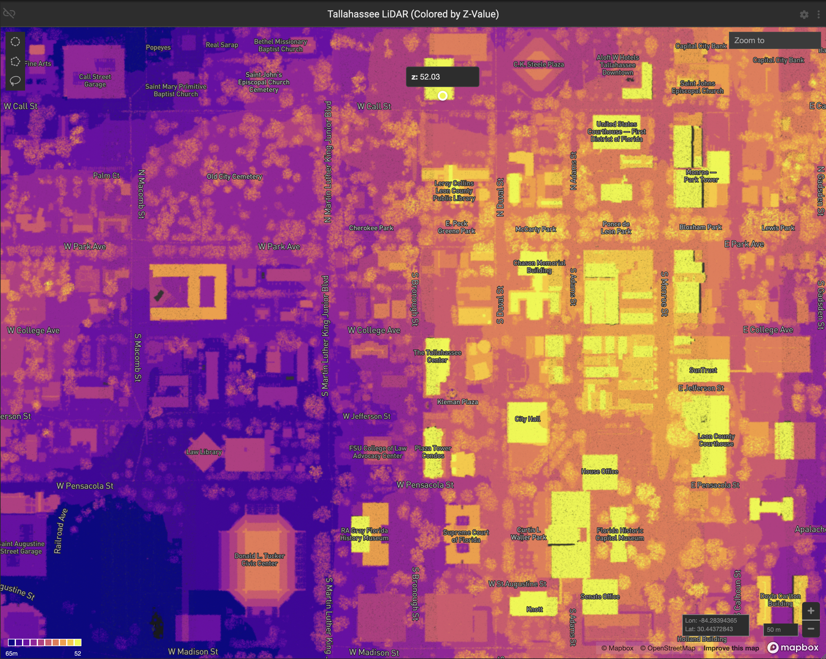 LiDAR data from downtown Tallahassee, FL, colored by Z-value