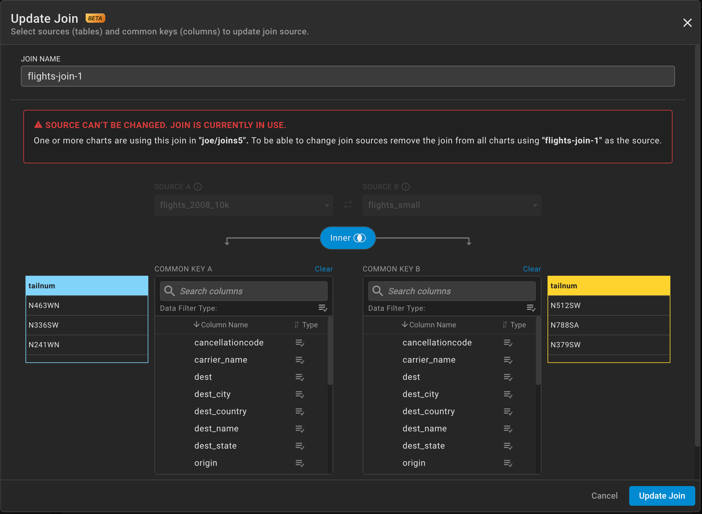Editing an existing join which is in active use. You can alter join type or columns but not delete the join.