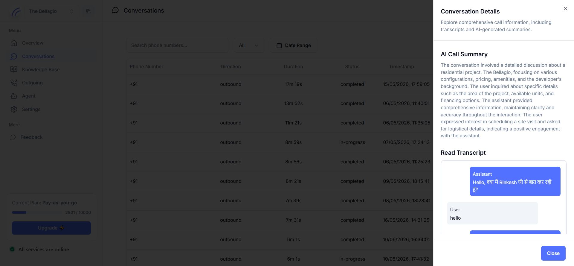 Conversation Details panel showing the call recording player, call details, and the start of the AI call summary