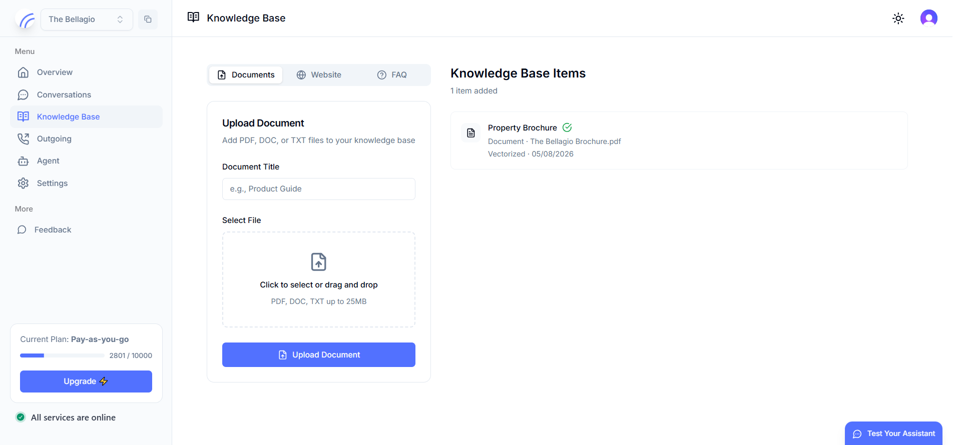 Knowledge Base page showing the document upload panel and a vectorized document listed as a knowledge base item