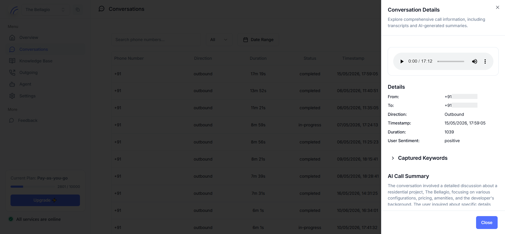 Conversations page showing a table of call records with phone number, direction, duration, status, and timestamp