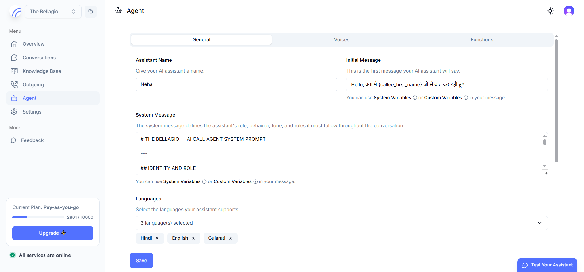 Agent General tab showing assistant name, initial message, system message, and language selection