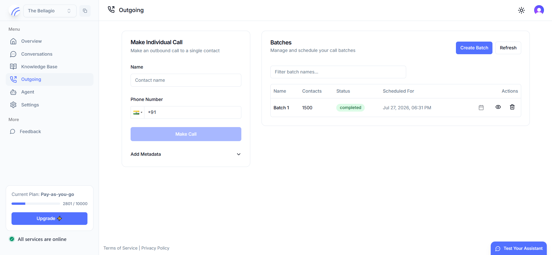 Outgoing page showing the Make Individual Call form and the Batches table
