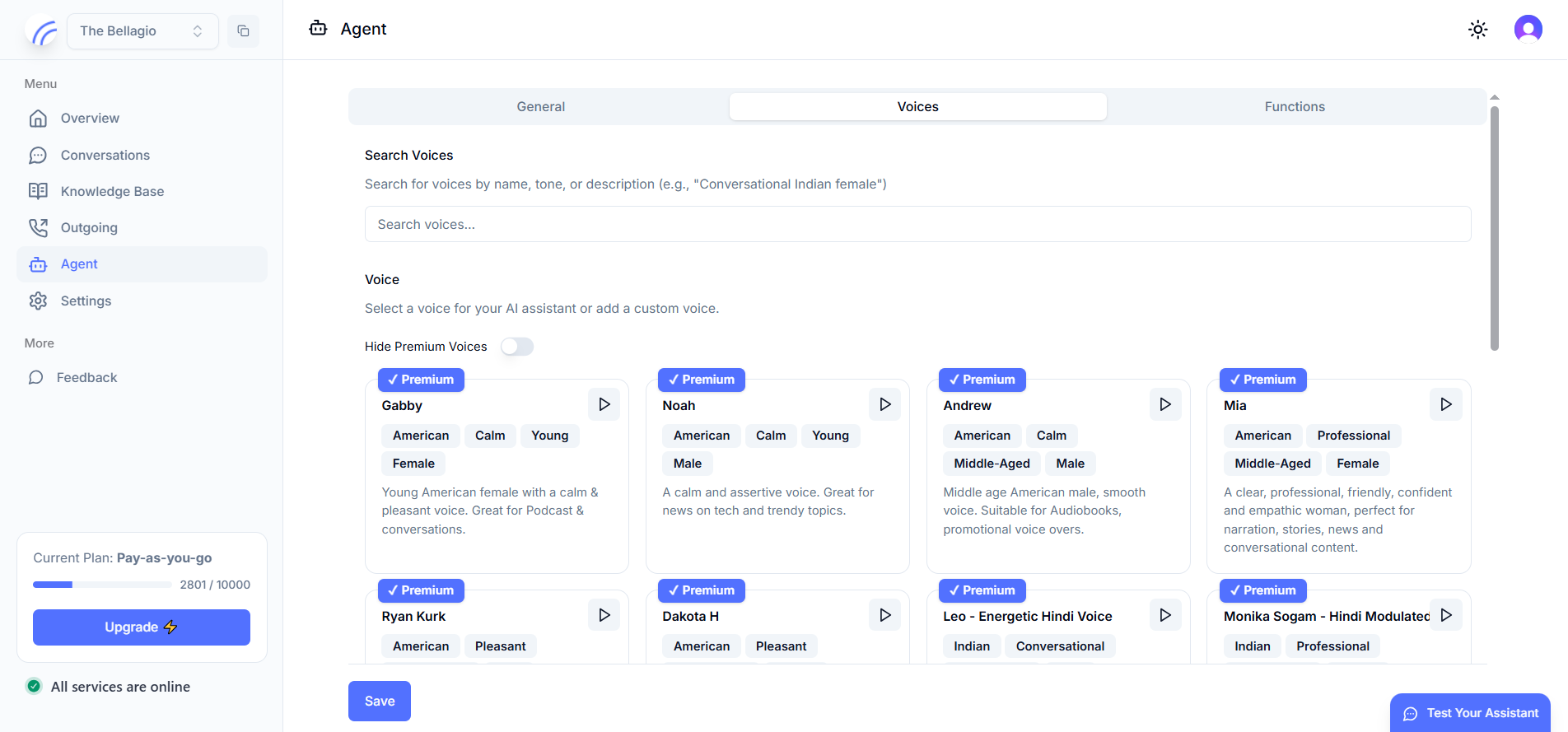 Agent Voices tab showing a searchable catalog of voice options with descriptive tags