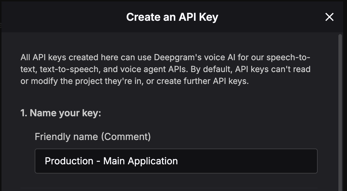 Create a New API Key dialog in Deepgram Console with fields for name, role, expiration, and tags
