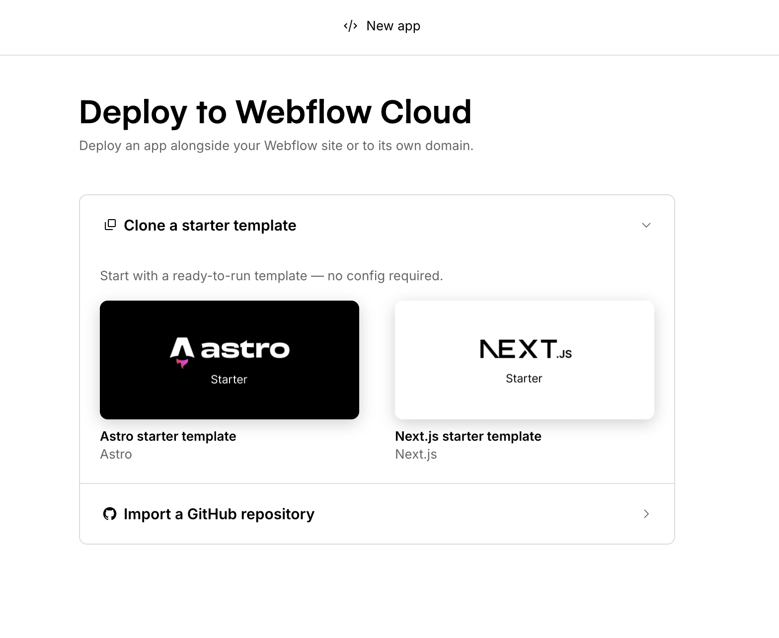 The Webflow Cloud deploy wizard showing Astro and Next.js starter templates