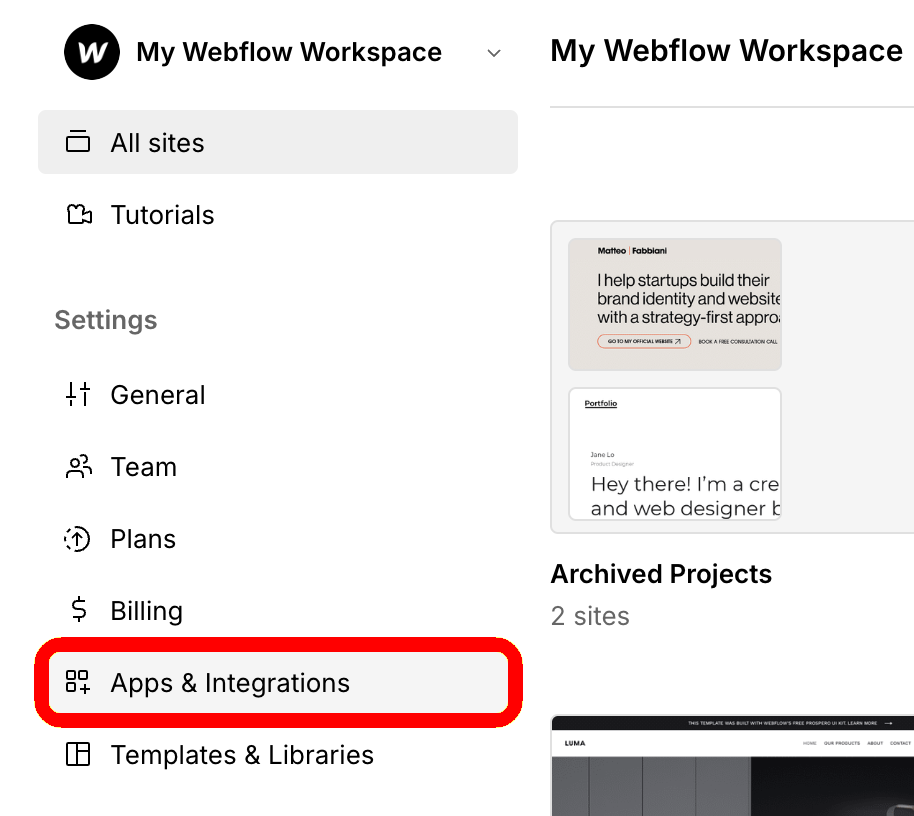The Webflow Dashboard, with the Apps & Integrations tab highlighted