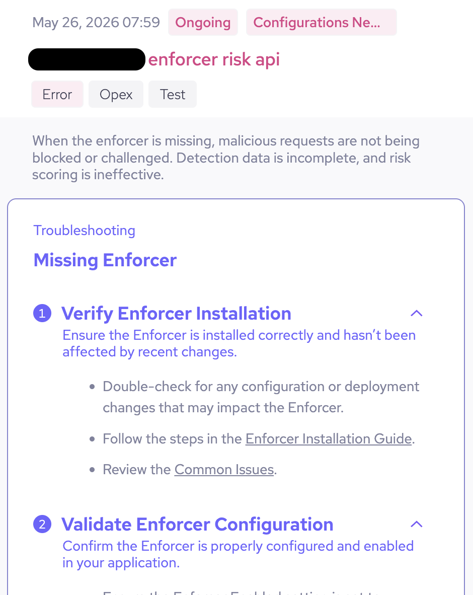 An example of an Enforcer error in the System Health widget
