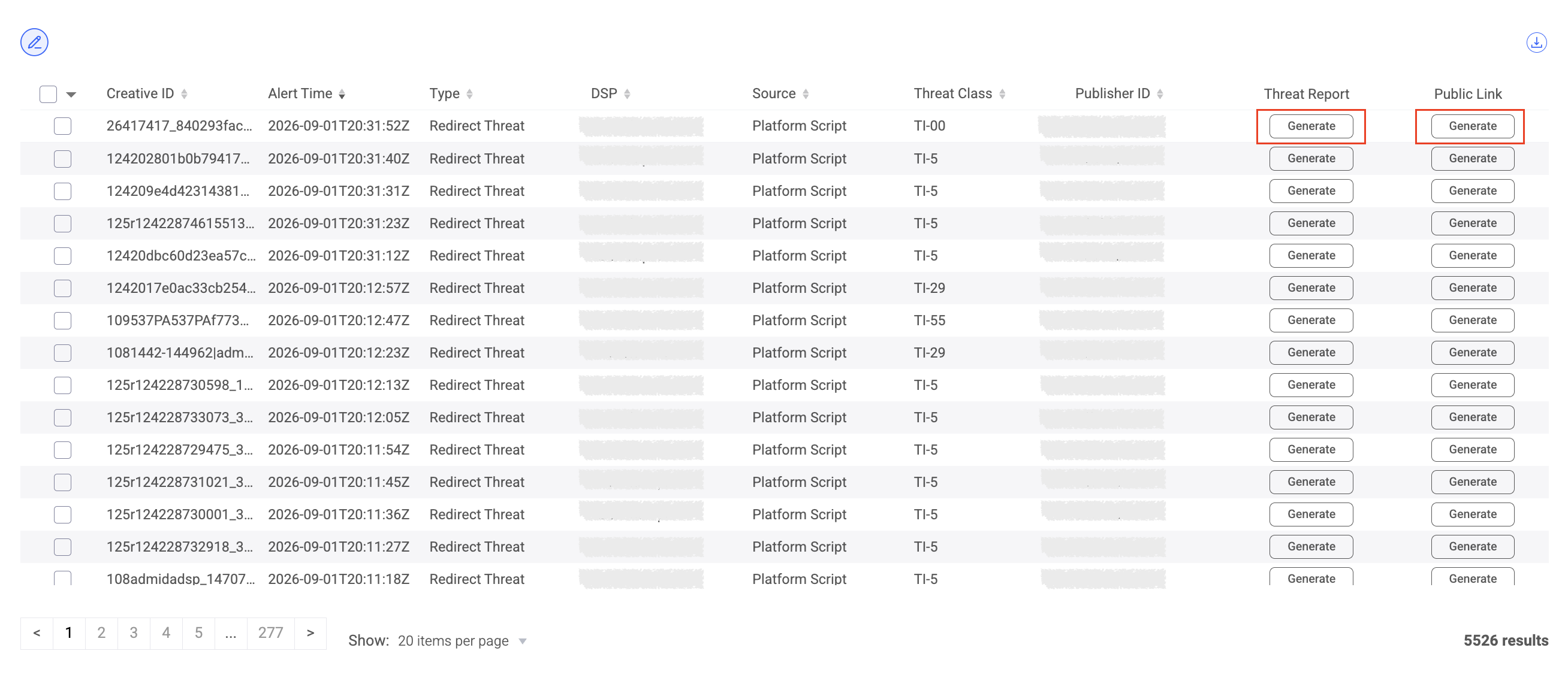 Platform Feed table with Generate actions for Threat Report and Public Link