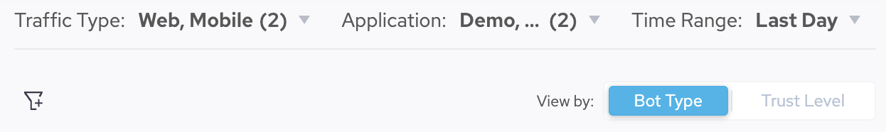Different filters available, including Traffic Type, Application, Time Range, and View By Bot Type and Trust Level options