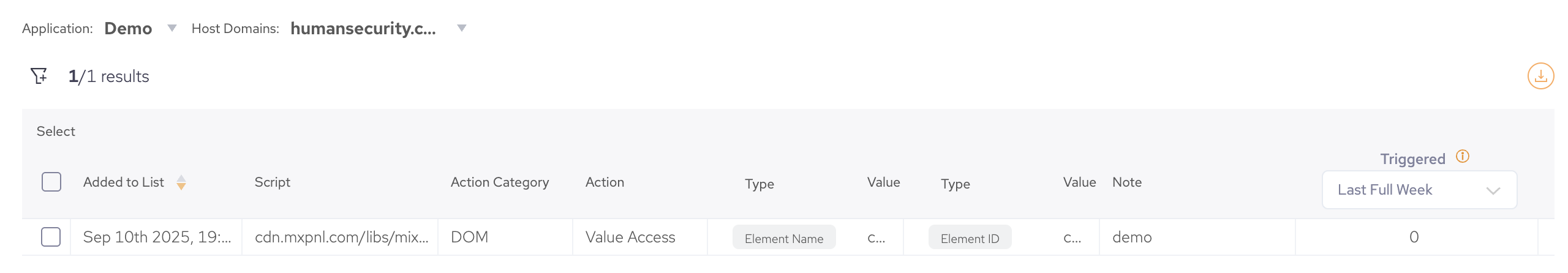 Example of a denylist entry and available metadata