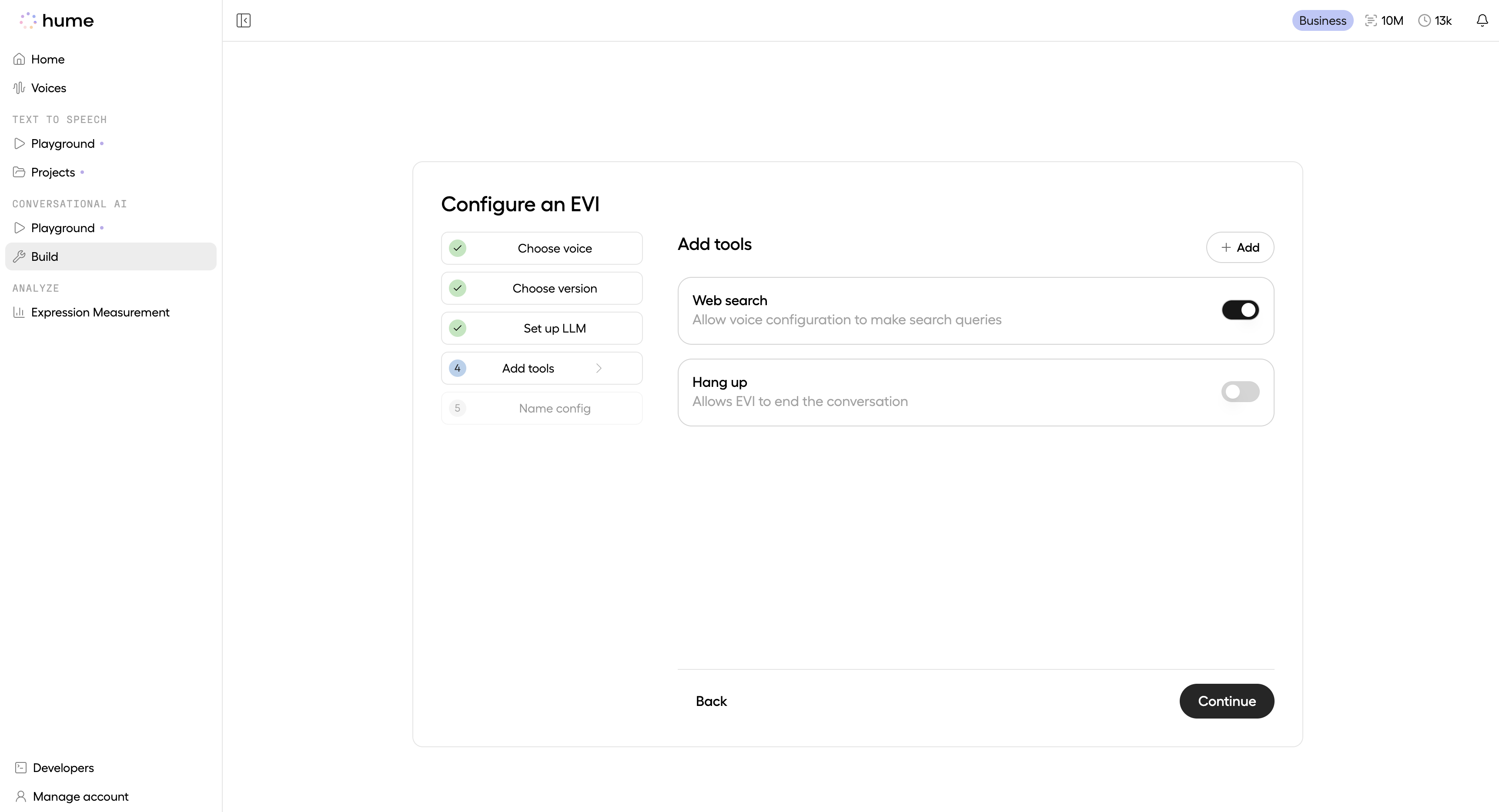 Adding tools, the sixth step of EVI configuration