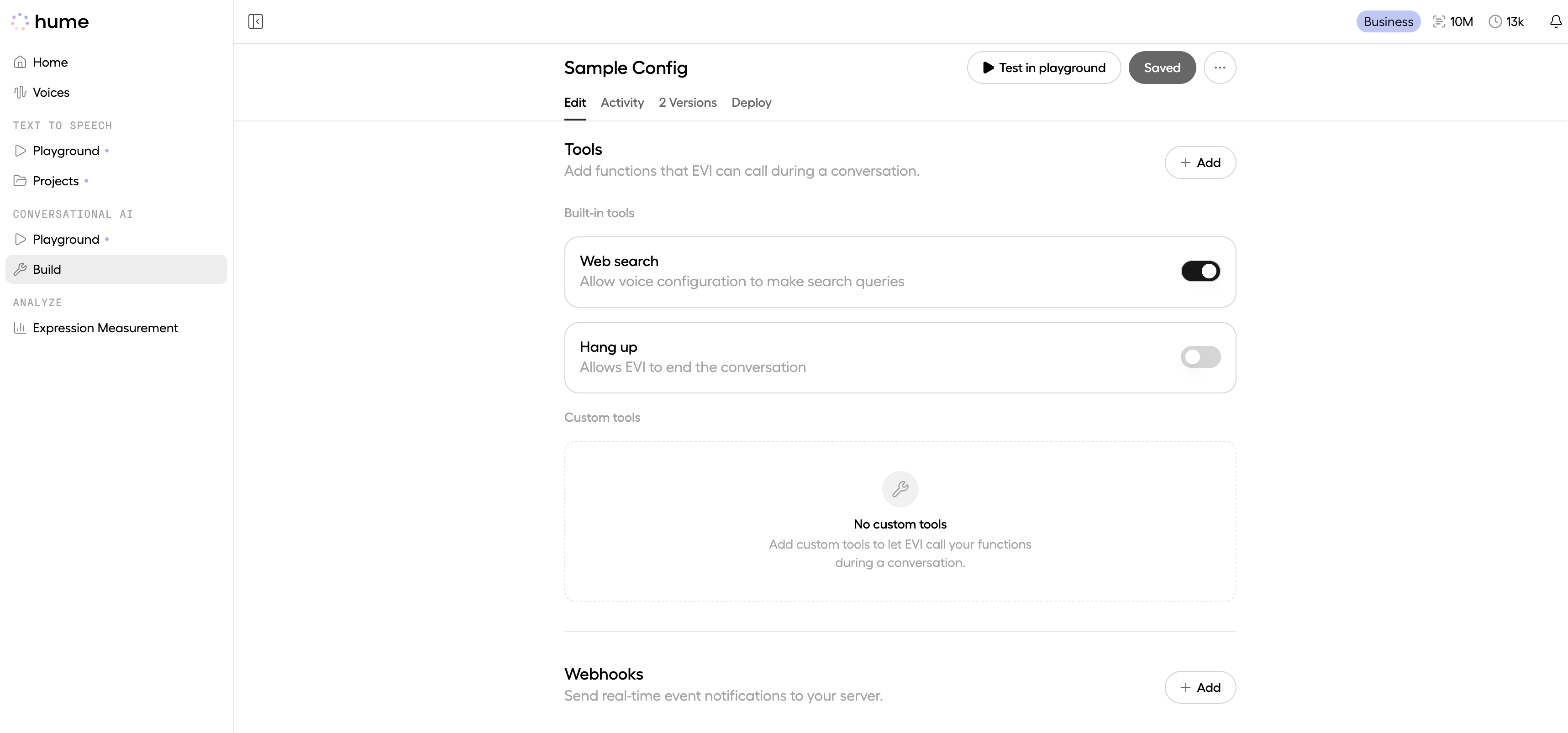 Create a configuration with a built-in web search tool