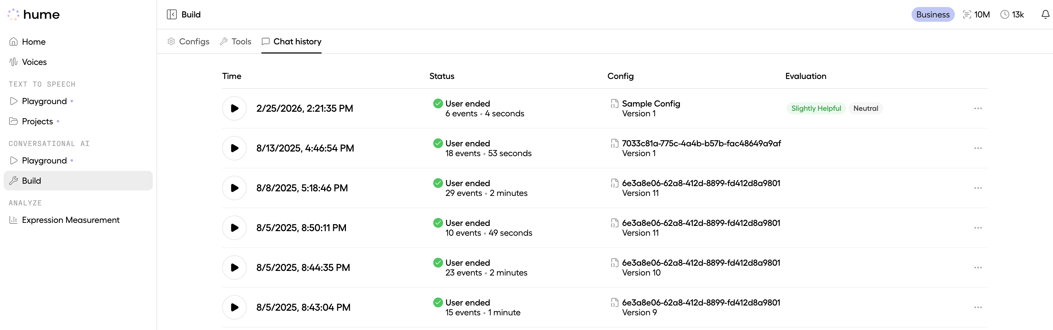 Platform UI chat history page