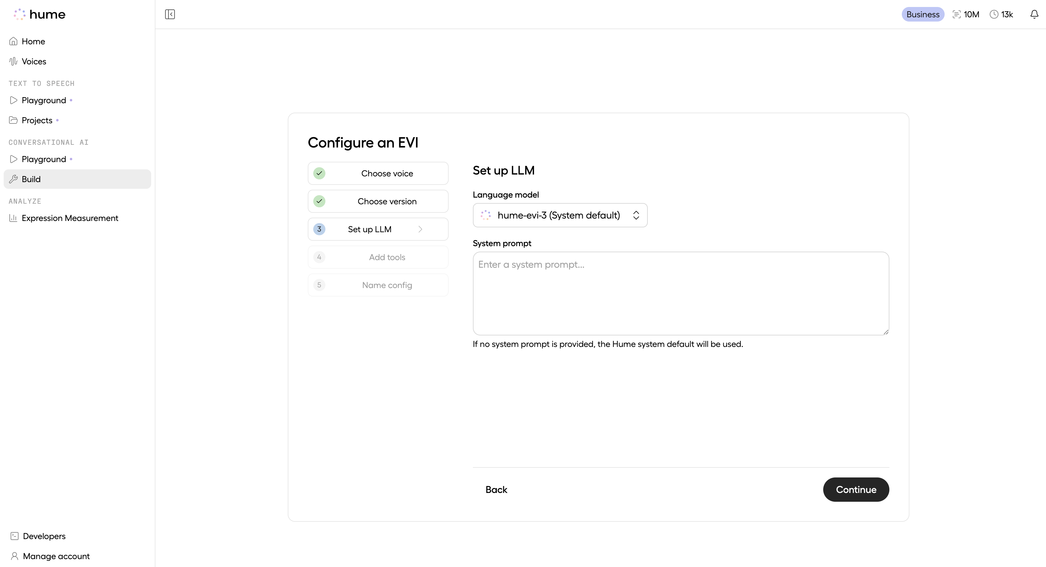 Setting up the LLM, the fifth step of EVI configuration