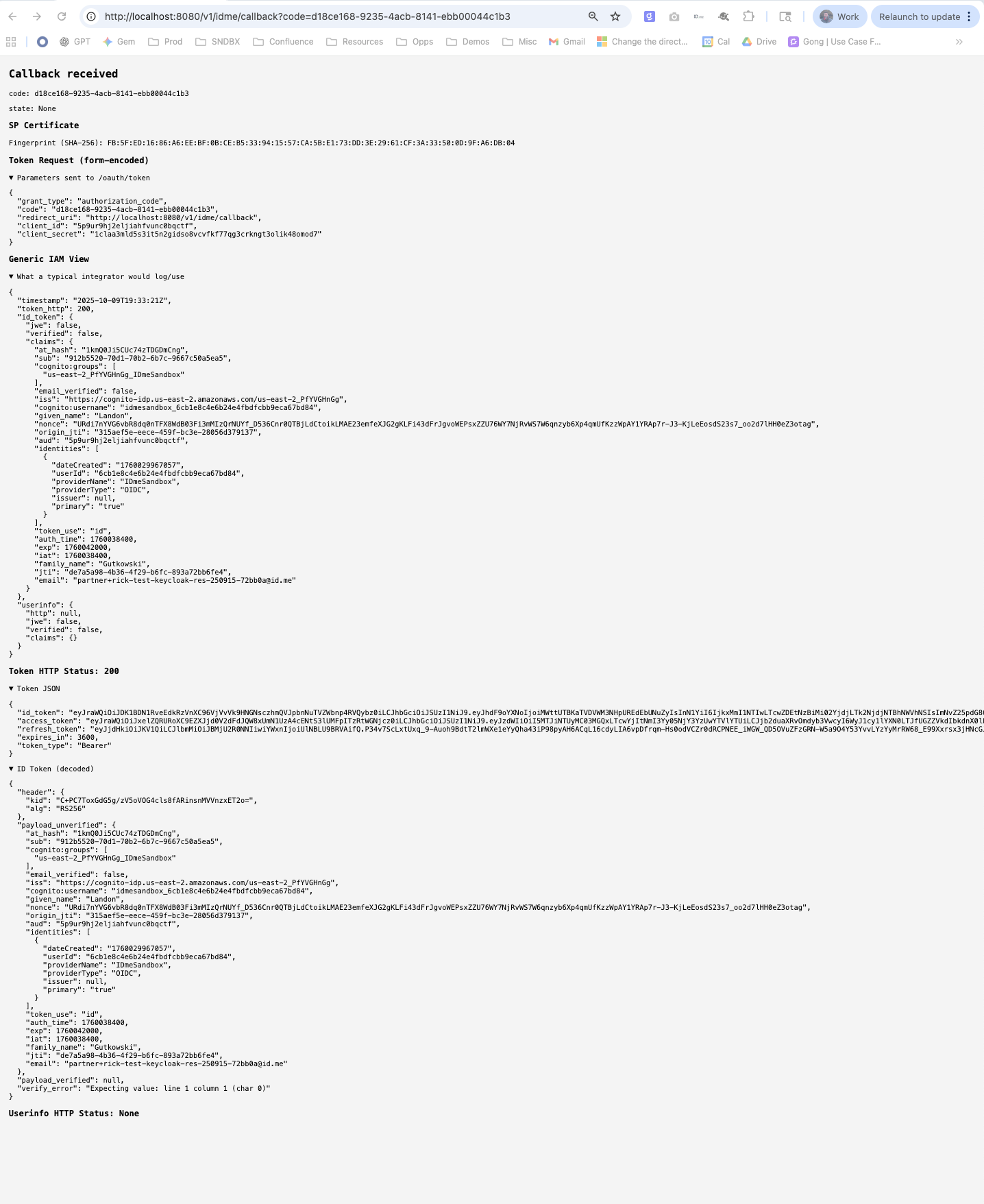 A webpage showing a successful "callback received" with the code parameter