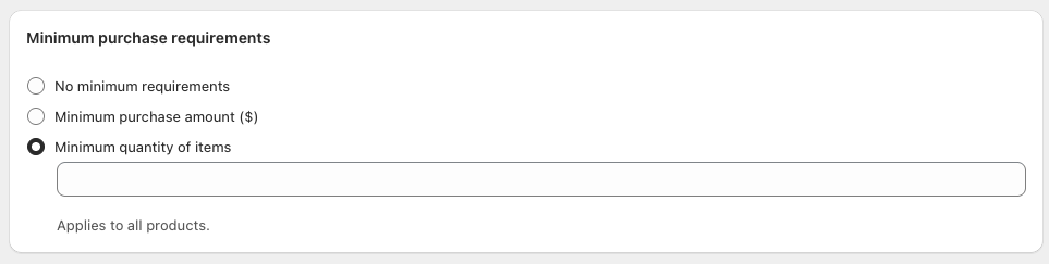 Minimum purchase requirements screen with radio options