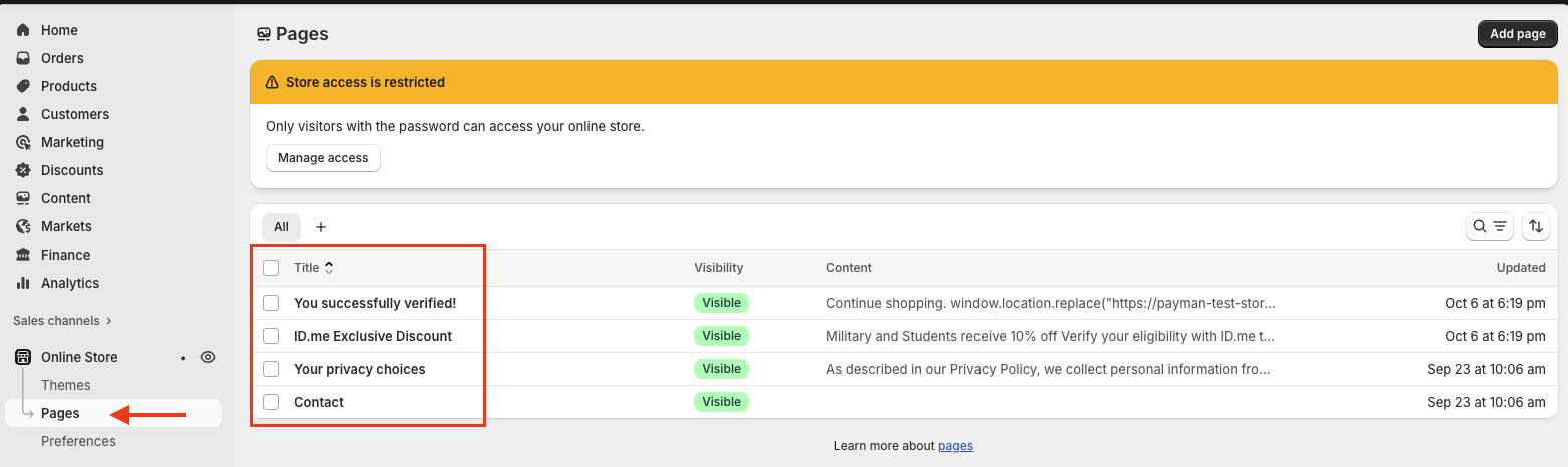 Screenshot in Shopify admin showing Pages settings and information