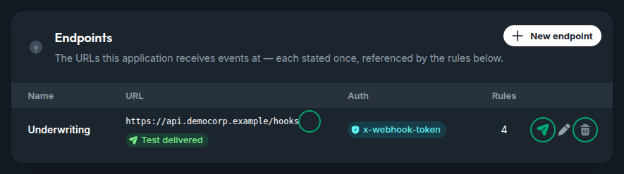 The same card, with the test-delivery action on an endpoint highlighted and its last result beside it