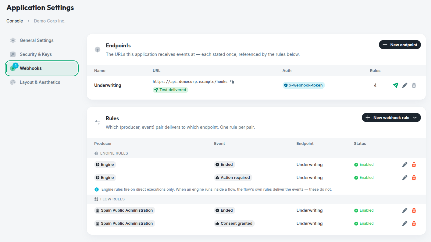 Application Settings in the Console, with the Webhooks tab selected: the Endpoints card above and the Rules card below