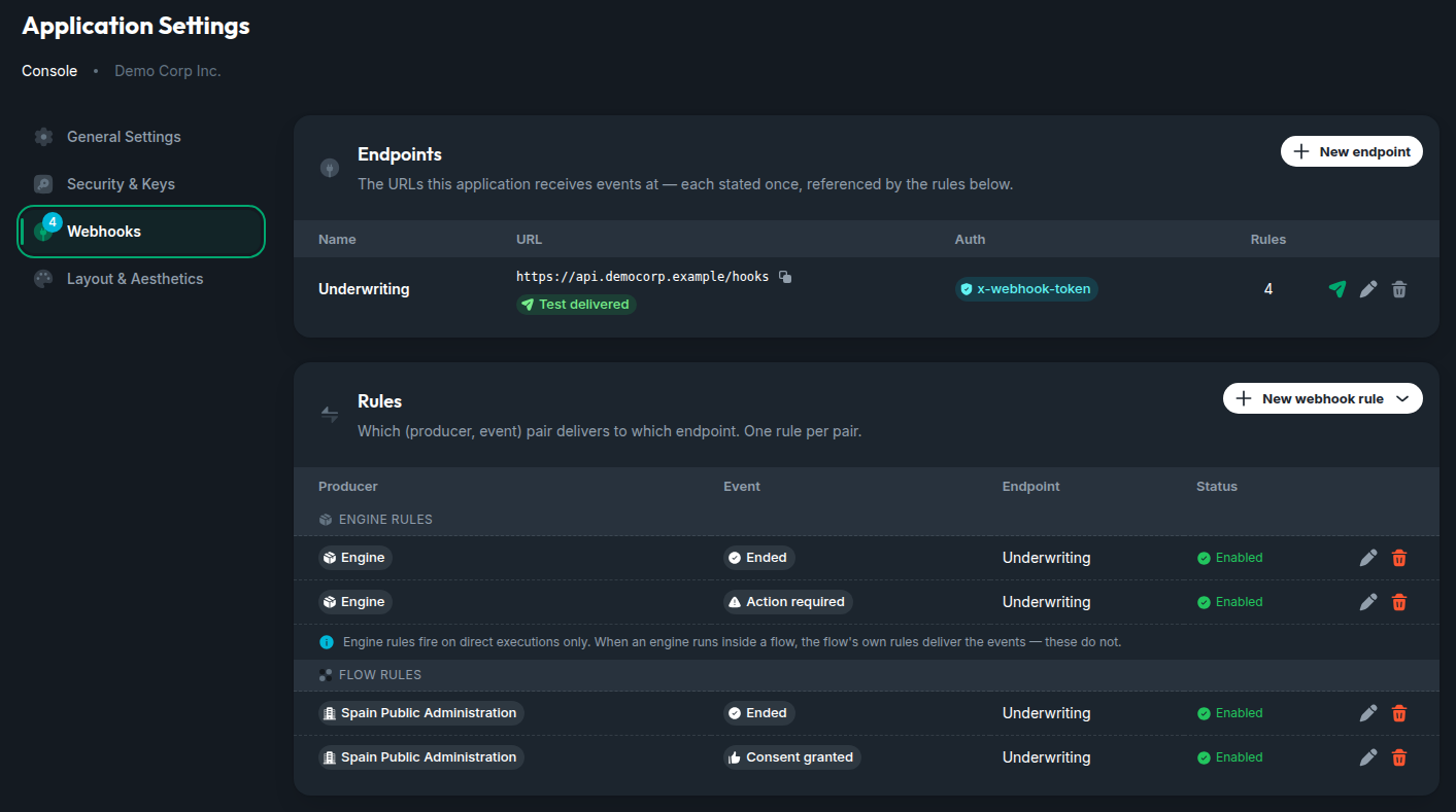 Application Settings in the Console, with the Webhooks tab selected: the Endpoints card above and the Rules card below