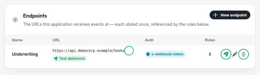 The same card, with the test-delivery action on an endpoint highlighted and its last result beside it