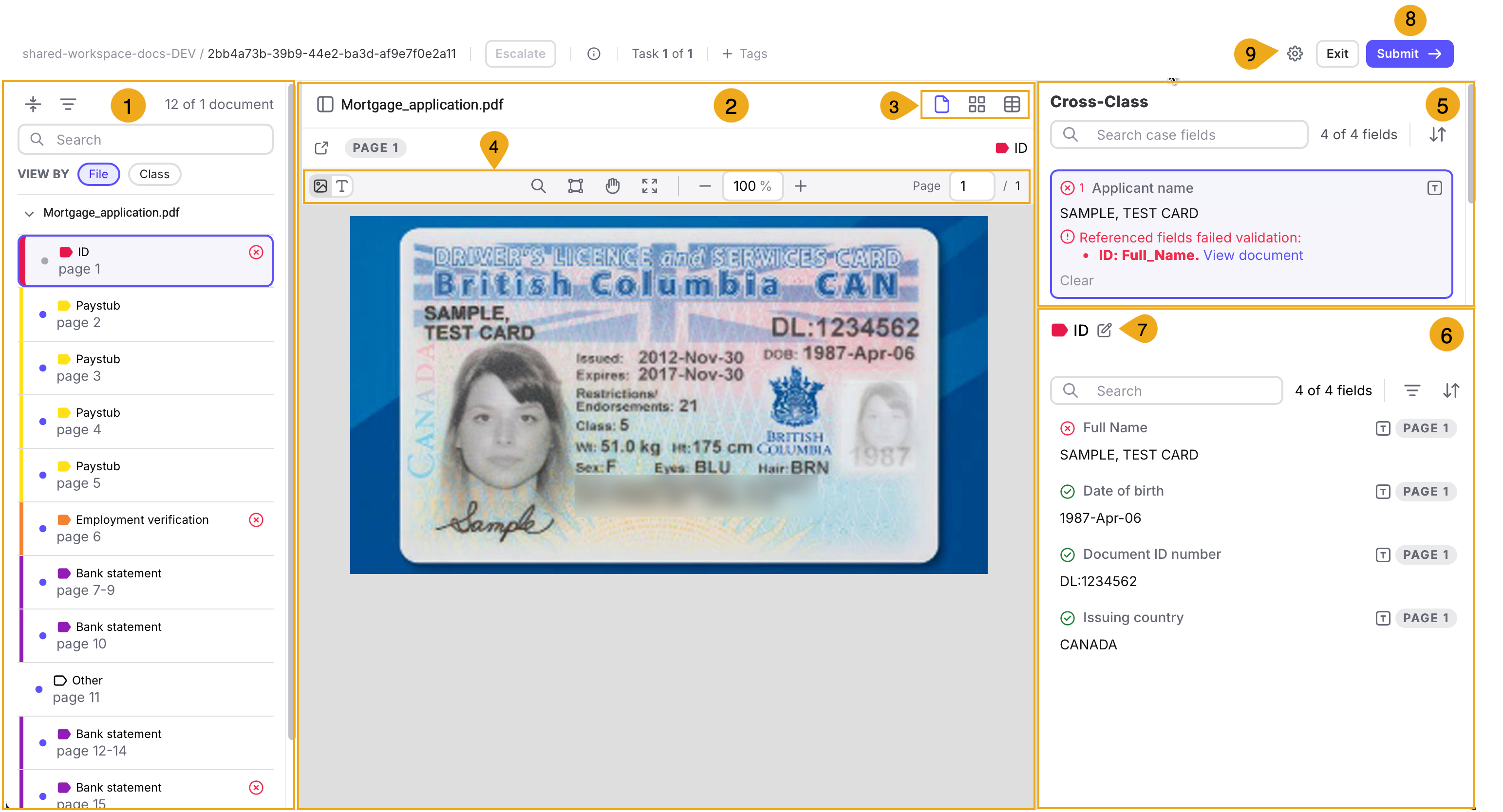 The Review user interface, with components numbered for cross-reference with adjacent descriptions