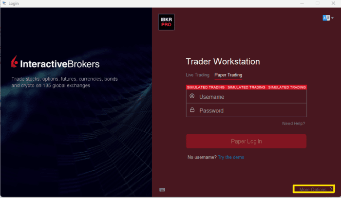 More Options button on the TWS login window.
