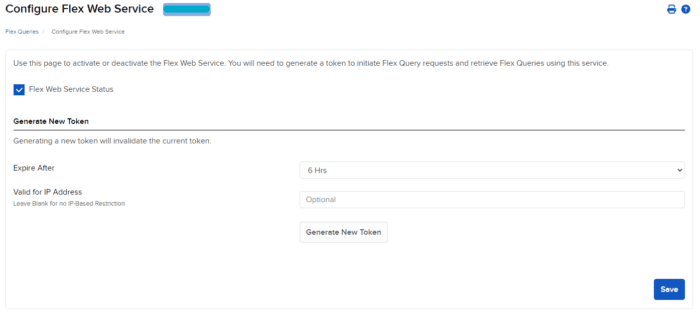 The Token Generation section for the Configure Flex Web Service page.
