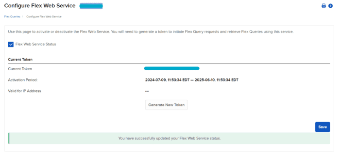 The Configure Flex Web Service page after generating a new token.