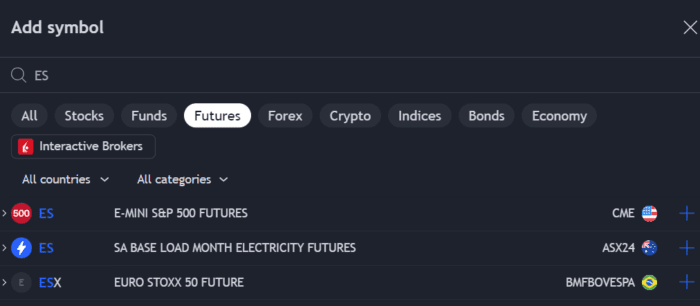 Un-selected Interactive Brokers box in TradingView search.