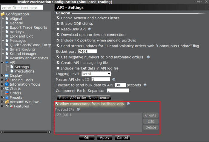 TWS API settings with localhost and trust IP section.