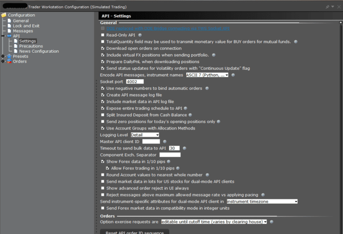 IB Gateway settings window displaying API settings with API logging.