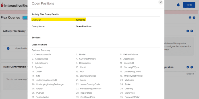 Highlight of the Query ID for a specific Flex Query.