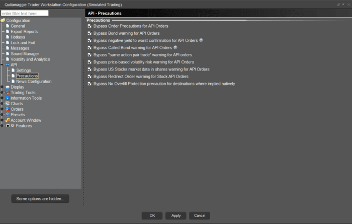 TWS Global Configuration window displaying API Precautions.