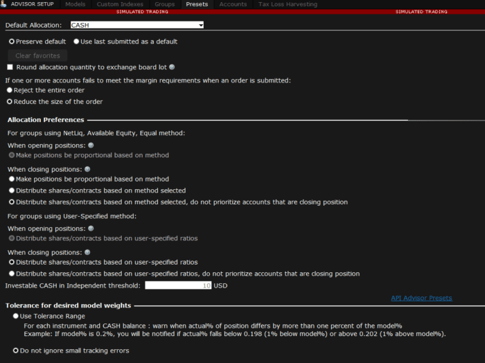 TWS Global Configuration window displaying Presets for Advisors.
