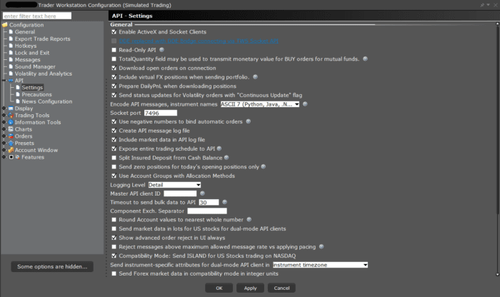 TWS Global Configuration window displaying API Settings and the required API configuration.