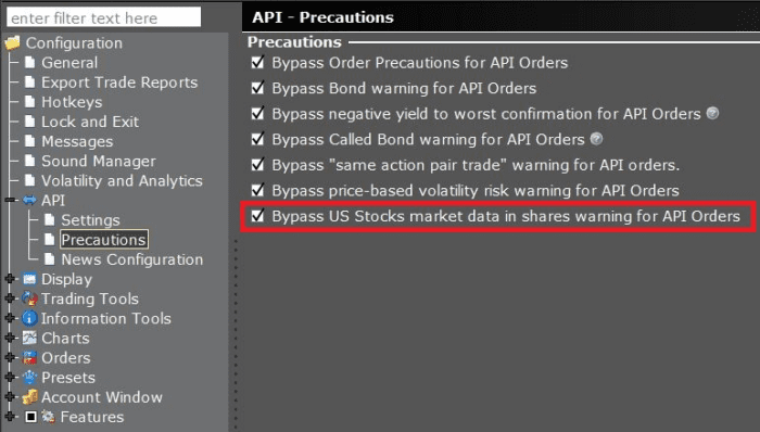 Highlights the "Bypass US Stocks market data in shares warning for API Orders" under API Precautions.