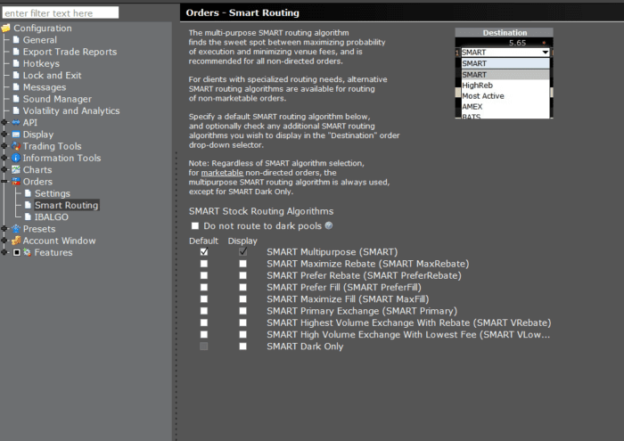 TWS Global Configuration window displaying Smart Routing.