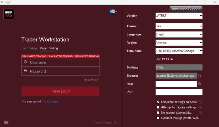More Options settings on the TWS login window.