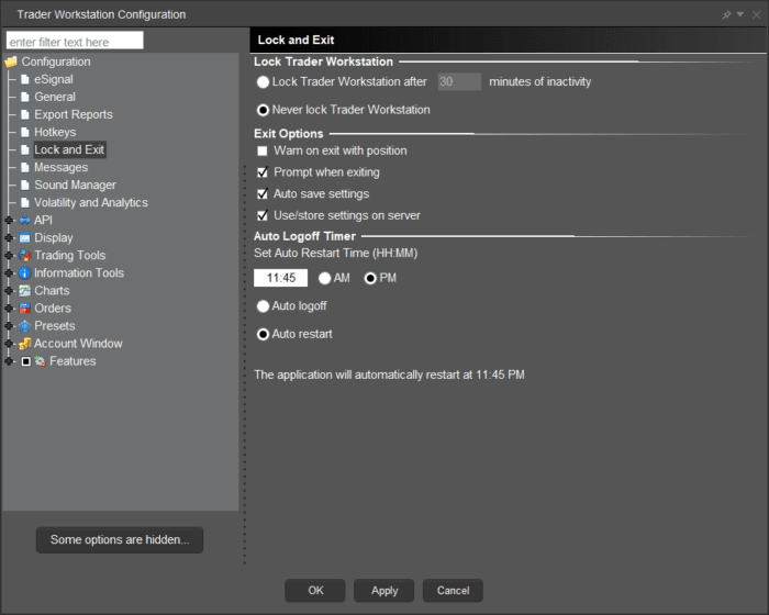 TWS Global Configuration window displaying Lock and Exit Settings.
