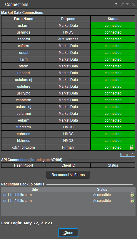 TWS Connections Window.