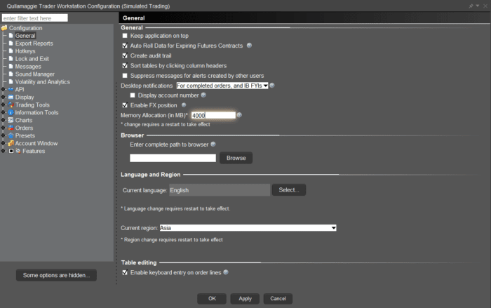 TWS Global Configuration window displaying General Settings and the Memory Allocation section.