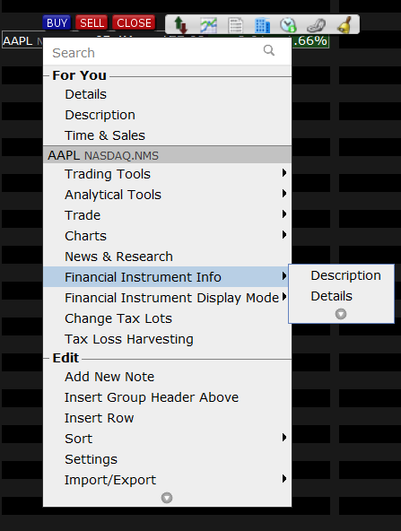 Right click menu containing Financial Instrument Info.