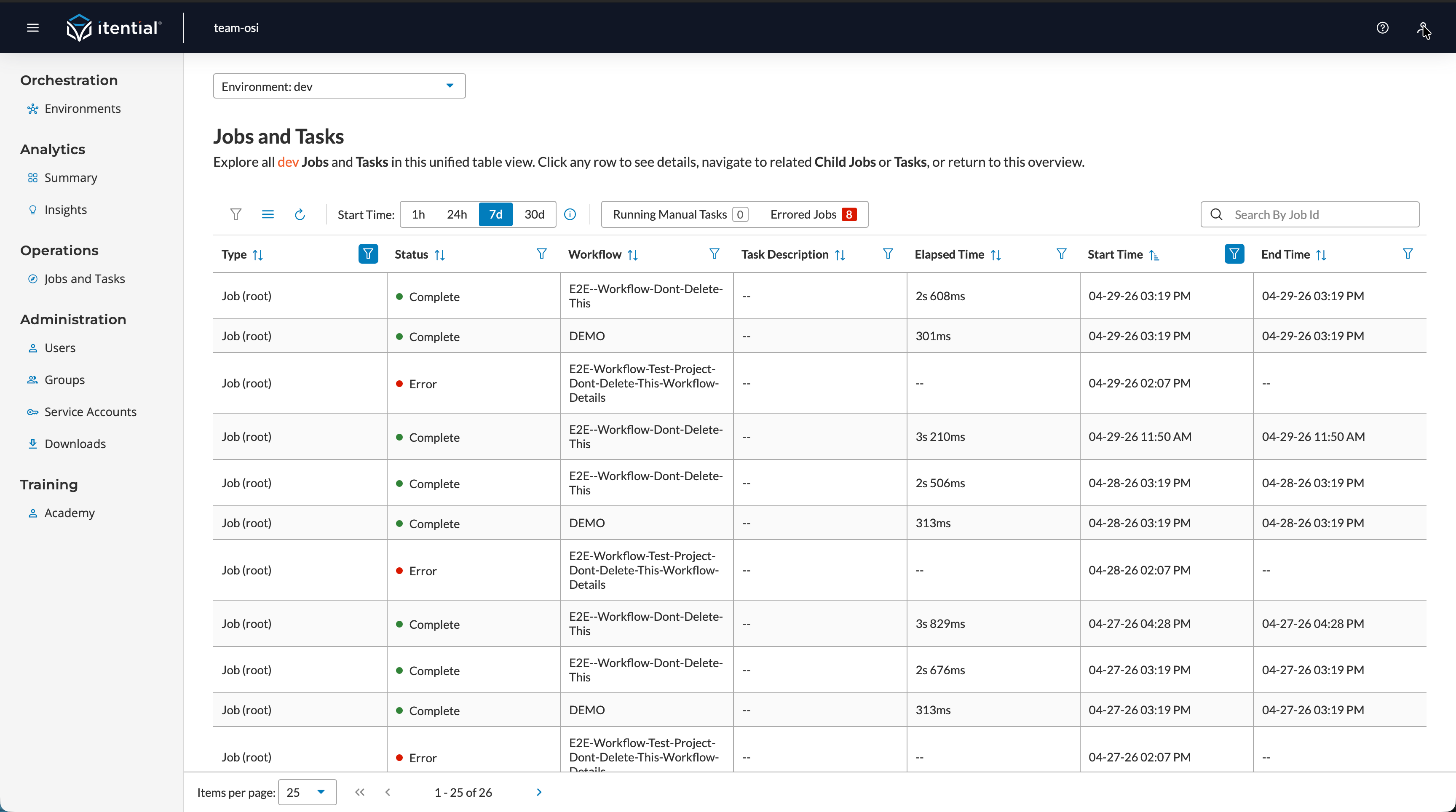 Job Viewer main table showing jobs and tasks